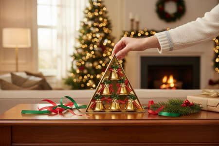 Set clopotei decorativi aurii cu fundita rosie si zapada artificiala 6 buc, 18.5x18.5cm [2]