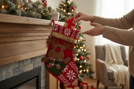 Șosetă Cadouri Moș Nicolae cu Ren – Model Textil Roșu cu Motive de Iarnă, 30x25cm [2]