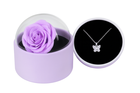 Cupole cu flori din plastic - Cutie cadou cu trandafir din sapun sub cupola si colier diferit, 11x11x11cm