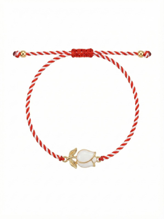 Set 12 Bratari Martisor cu Boboc de Floare Alb, Snur Rosu Reglabil, Accente Aurii, 20x11 cm [1]