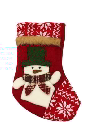 Decoratiuni si ornamente de Craciun Engros - Soseta cadouri Mos Nicolae cu Om de Zapada – model rosu textil cu motive de iarna, 30x25 cm