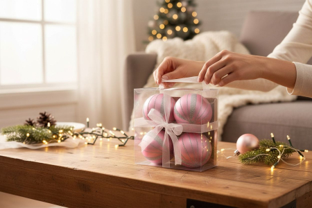 Set 4 globuri roz cu sclipici argintiu – ornamente brad Craciun, 16x16x7cm [3]