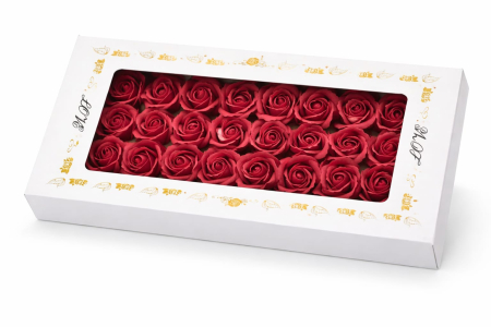 Aranjamente florale - Set 50 Trandafiri de Sapun Parfumati in Cutie Eleganta Cadou 44x23 cm Bordo