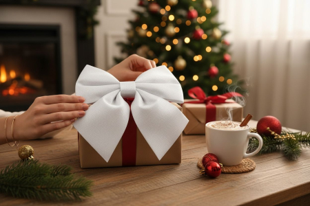 Fundita decor alba Craciun, mare, material textil, ornament pentru brad si decoratiuni, 24x20cm [1]