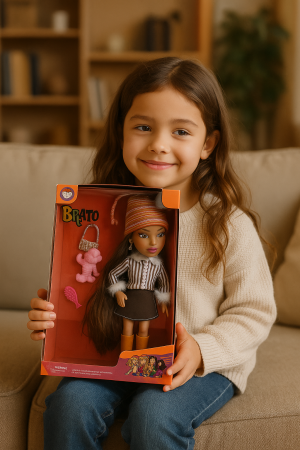 Papusa Brato Fashion cu tinuta de iarna, par lung saten, caine jucarie si accesorii, 29.5x22.5 cm, fete 3+ ani [1]