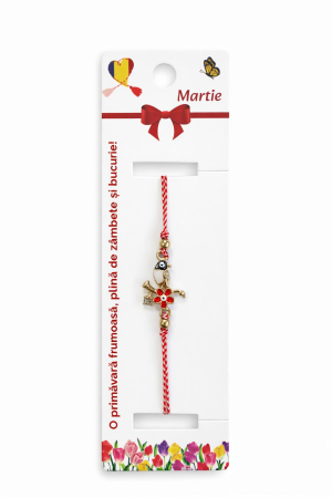 Martisoare - Set 12 bratari martisor cu pasare stilizata si floare, snur rosu alb, ambalate individual