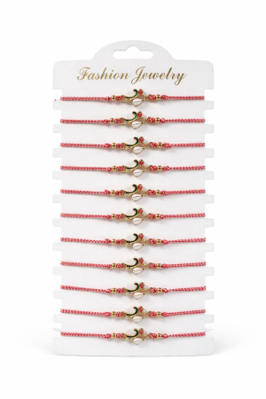 Martisoare - Set 12 Bratari Martisor Ghiocel cu Buburuza si Stras, Snur Rosu Reglabil, 20x11 cm