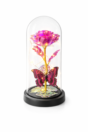 Cupole cu flori din plastic - Cupola plastic cu trandafir roz si fluture decorativ LED, cutie cadou inclusa, 20 cm inaltime, 11 cm diametru