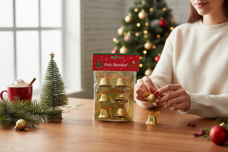 Set 6 Clopotei Aurii cu Fundita Rosie – Decoratiuni Brad Craciun [1]