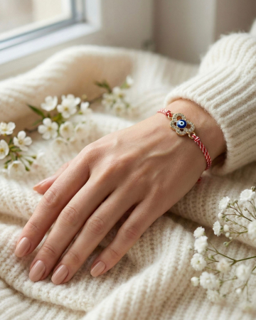 Set 12 bratari martisor fluture auriu cu strasuri si ochisor, snur alb rosu, 20x11cm [2]