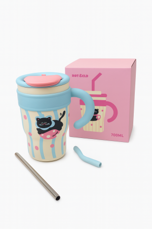 Jucarii Diverse - Cana Termo 700ml cu Maner si Pai Metalic – Model Pisicuta, Hot & Cold