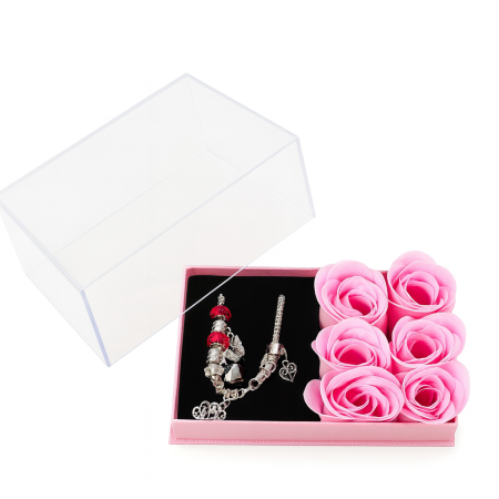 Set cadou cu 6 trandafiri din sapun roz si bratara, cutie eleganta cu capac transparent, 14x9x5 cm [1]