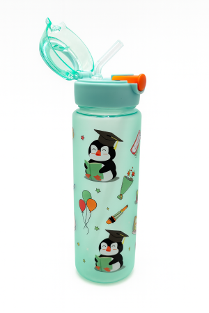 Sticla Kids Penguin School 500ml – Model Educativ cu Pinguini, Pai si Capac Flip Rezistent [1]
