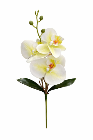 Flori Artificiale - Orhidee artificiala verde crud cu 3 flori si boboci, frunze decorative 37 cm