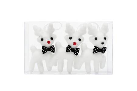 Decoratiuni si ornamente de Craciun Engros - Set 3 decoratiuni ren alb cu papion negru buline, Craciun, 18x11cm