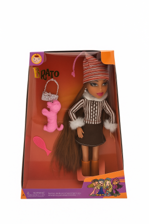 Papusi si accesorii - Papusa Brato Fashion cu tinuta de iarna, par lung saten, caine jucarie si accesorii, 29.5x22.5 cm, fete 3+ ani