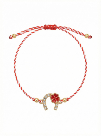 Set 12 Bratari Martisor Potcoava Aurie cu Trifoi Rosu Snur Alb Rosu reglabil [1]