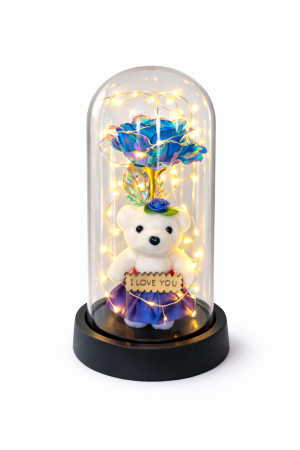 Cupole cu flori din plastic - Cupola cu Ursulet si Trandafir Royal Irizat, LED, 20x11 cm, Fara Baterii Incluse