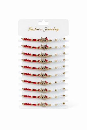 Bratara Martisor - Set 12 Bratari Martisor cu Pisicuta Aurie si Strasuri, Margele Rosii si Albe, 20x11 cm