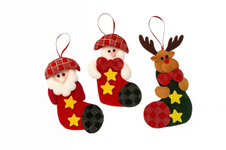 Decoratiuni si ornamente de Craciun Engros - Set 12 decoratiuni Craciun tip ciorapel – Moș Craciun, om de zapada, ren – model textil1, 4cm