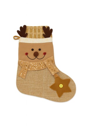 Decoratiuni si ornamente de Craciun Engros - Șosetă Cadouri Moș Nicolae – Model Auriu, Design Festiv (Ren / Moș Crăciun / Om de Zăpadă), 33x25cm