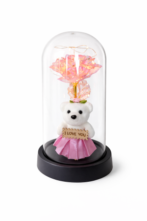 Cupola cu Ursulet si Trandafir Roz Iridescent, LED Decorativ Romantic, 20x11 cm [1]