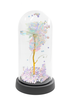Cupole cu flori din plastic - Cupola decorativa cu trandafir acrilic irizat, bile pastel si lumini LED, 22x11 cm