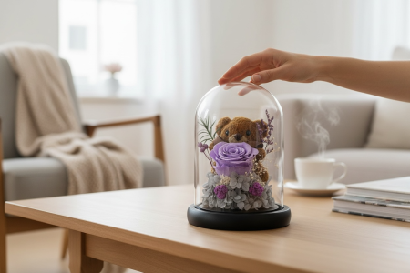 Cupola 19x11 cm cu Ursulet si Trandafir Criogenat Mov Decor Cadou Premium [3]