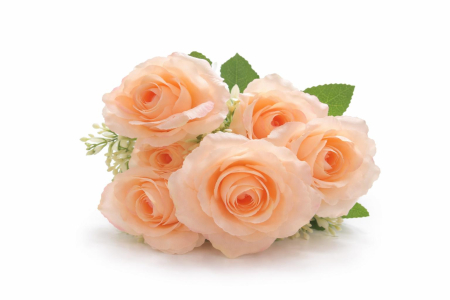 Buchet 7 trandafiri artificiali nuanta piersica delicata, frunze si boboci decorativi 30cm [2]