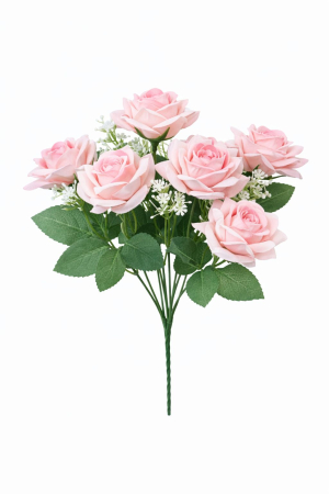 Idei de Cadouri - Buchet artificial deosebit cu 7 trandafiri catifelati roz discret si flori decorative 30 cm