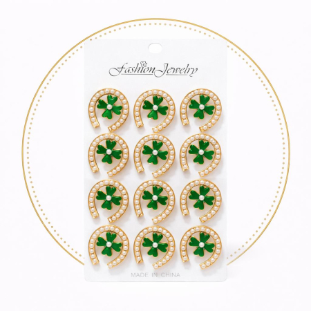 Set 12 brose martisor potcoava aurie cu trifoi verde 15x9cm [1]