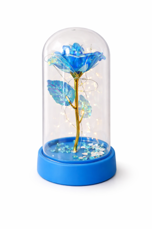 Cupole cu flori din plastic - Cupola plastic cu trandafir irizant LED albastru, baza albastra, 15x9 cm