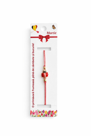 Bratara Martisor - Set 12 bratari martisor cu buburuza rosie, snur reglabil rosu-alb