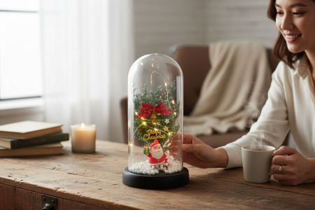 Decoratiune Craciun sub cupola transparenta cu brad, fundita si figurina Mos Craciun – model luminos Merry Christmas, 22x11x11cm [1]