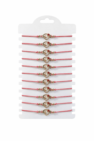 Martisoare - Set 12 Bratari Martisor Inimioara Aurie cu Ghiocel si Floare Rosie, Snur Rosu Reglabil, 20x11 cm