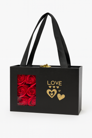 Set cadou cu 6 trandafiri de sapun rosii, cutie neagra tip poseta cu fereastra, 15x9.5x5 cm [1]