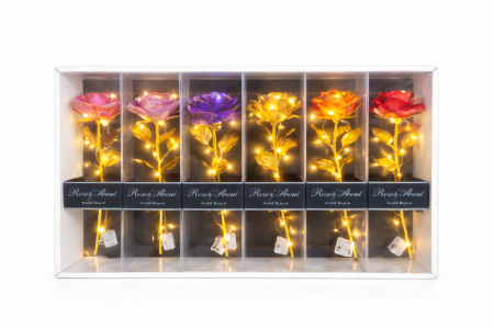 Aranjamente florale - Set 6 flori artificiale cu LED si baterii incluse, Gold Rose, ambalaj cadou, 26 x 7.5 cm