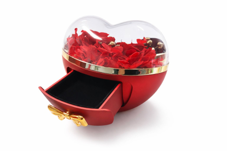 Caseta cadou forma inimioara cu sertar, trandafiri criogenati si flori naturale, set complet [2]