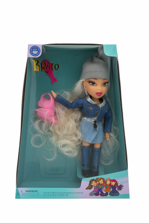 Papusi si accesorii - Papusa Brato Fashion cu tinuta denim, par lung ondulat si accesorii, 29,5x22,5 cm, jucarie fete 3+ ani