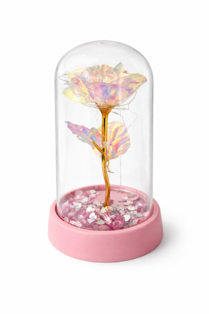 Cupola plastic cu trandafir irizant LED, baza roz, 15x9 cm [1]