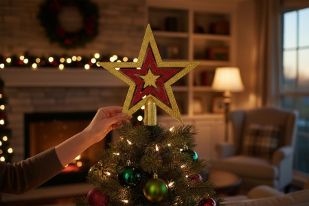 Varf brad stea aurie cu stea rosie interioara pentru decor Craciun, 18x17cm [1]