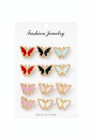 Martisoare - Set 12 brose martisor fluture auriu cu strasuri si email colorat, modele mixte 15x9cm