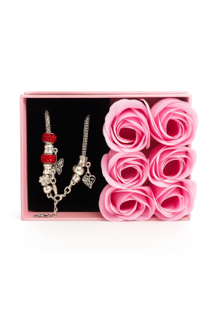 Set cadou cu 6 trandafiri din sapun roz si bratara, cutie eleganta cu capac transparent, 14x9x5 cm [2]
