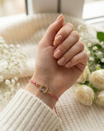 Set 12 Bratari Martisor Potcoava Aurie cu Strasuri si Ochisor Protector, Snur Rosu, 20x11 cm [2]