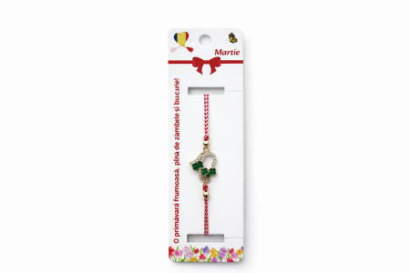 Bratara Martisor - Set 12 bratari martisor cu inimioara si trifoi verzi, snur reglabil rosu-alb