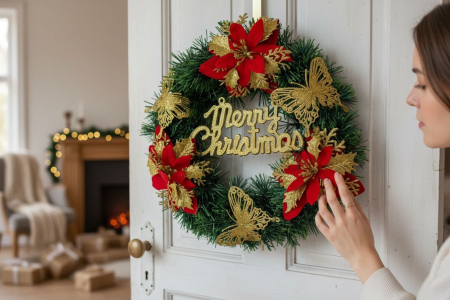 Corona Craciun Decorativa cu Flori si Fluturi Merry Christmas, 30cm [1]