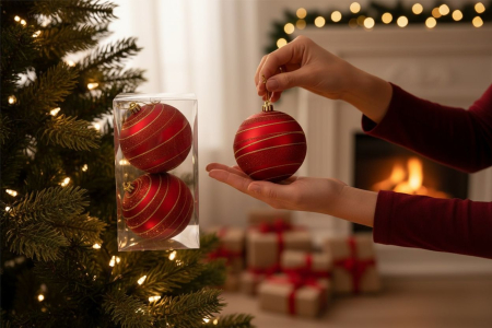 Globuri Craciun rosu cu sclipici, set 2 buc, model spiralat, 19.5x10x10cm [1]