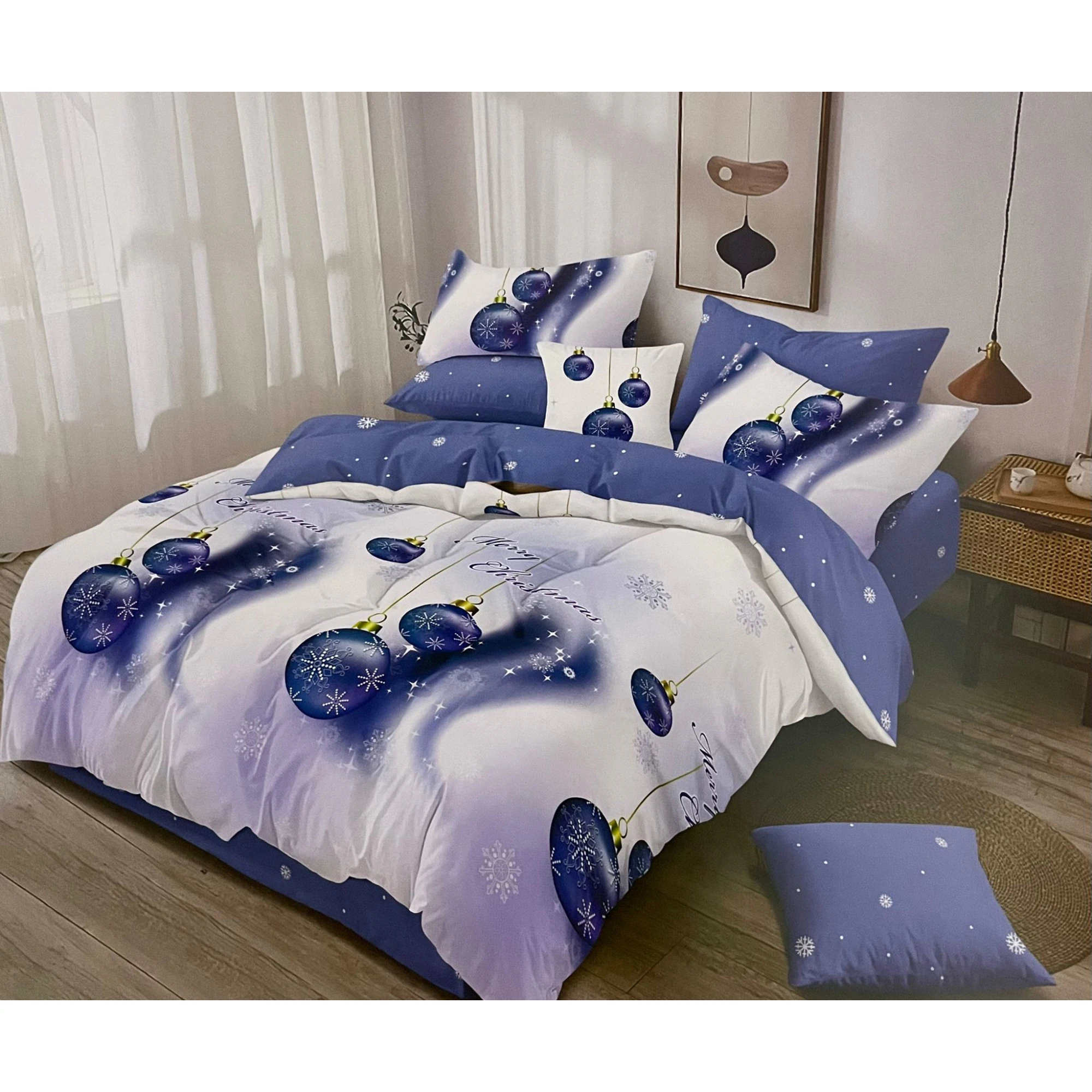 Lenjerie Pat Finet 6 Piese – Model Craciun Globuri Albastre, 200x230 cm, cu Elastic [1]