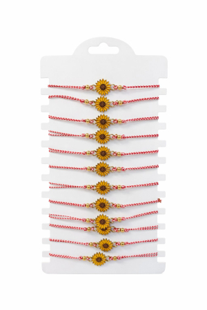 Martisoare - Set 12 Bratari Martisor cu Floarea Soarelui Aurie, Snur Rosu Reglabil, 20x11 cm