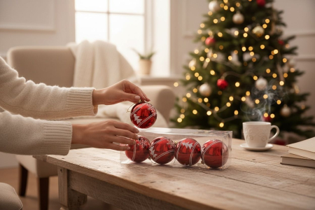 Set 6 globuri rosii lucioase cu braduti – ornamente brad Craciun, 23x15.5x7.5cm [2]